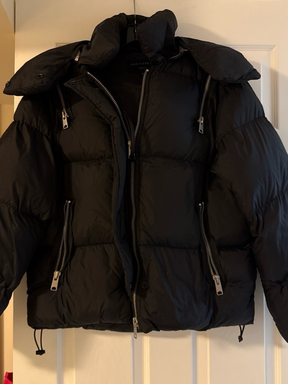 AllSaints Black Quilted Puffer Jacket with High Collar